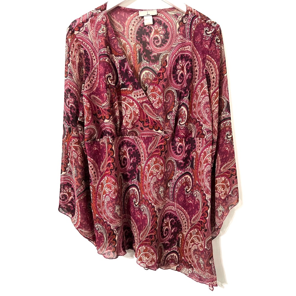 OBE Blouse Women 18/20 Pink Paisley V-Neck Asymmetrical‎ Sheer Y2K Vintage Boho